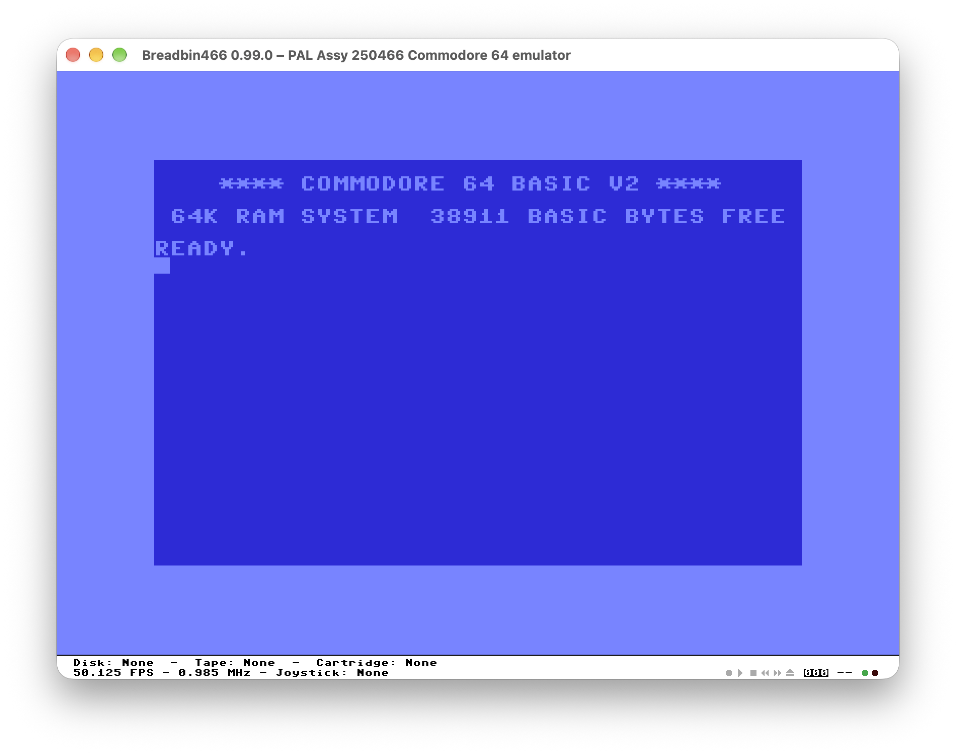 Breadbin466 showing the Commodore 64 BASIC startup screen